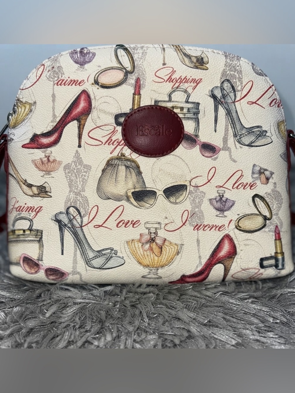Cream Cosmetic Pouch with Red Accents and Fashion Print